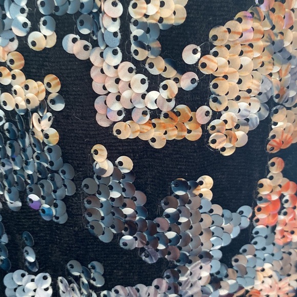 Evening sequinned dress thigh length, black with orange, yellow and grey sequins - Picture 3 of 4